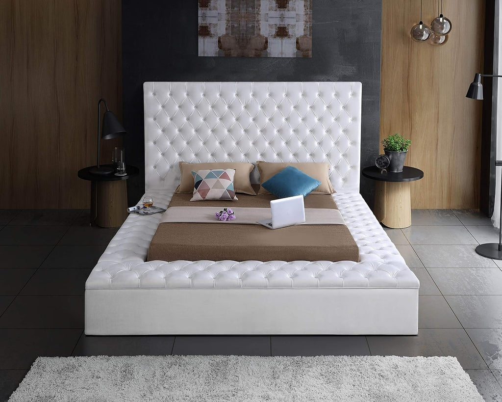 Meridian Furniture Bliss Collection Modern | Contemporary Velvet Upholstered Bed with Deep Button Tufting and Storage Compartments in Rails and Footboard, White, King
