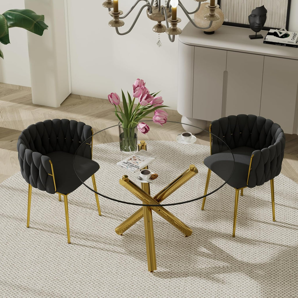 Modern Golden Round Dining Table Set, 36'' Clear Circle Glass Top Dinner Room Set, 3 PCS Luxury Circular Kitchen Table and Black Woven Chairs Set of 2, for Small Apartment Bedroom Leisure