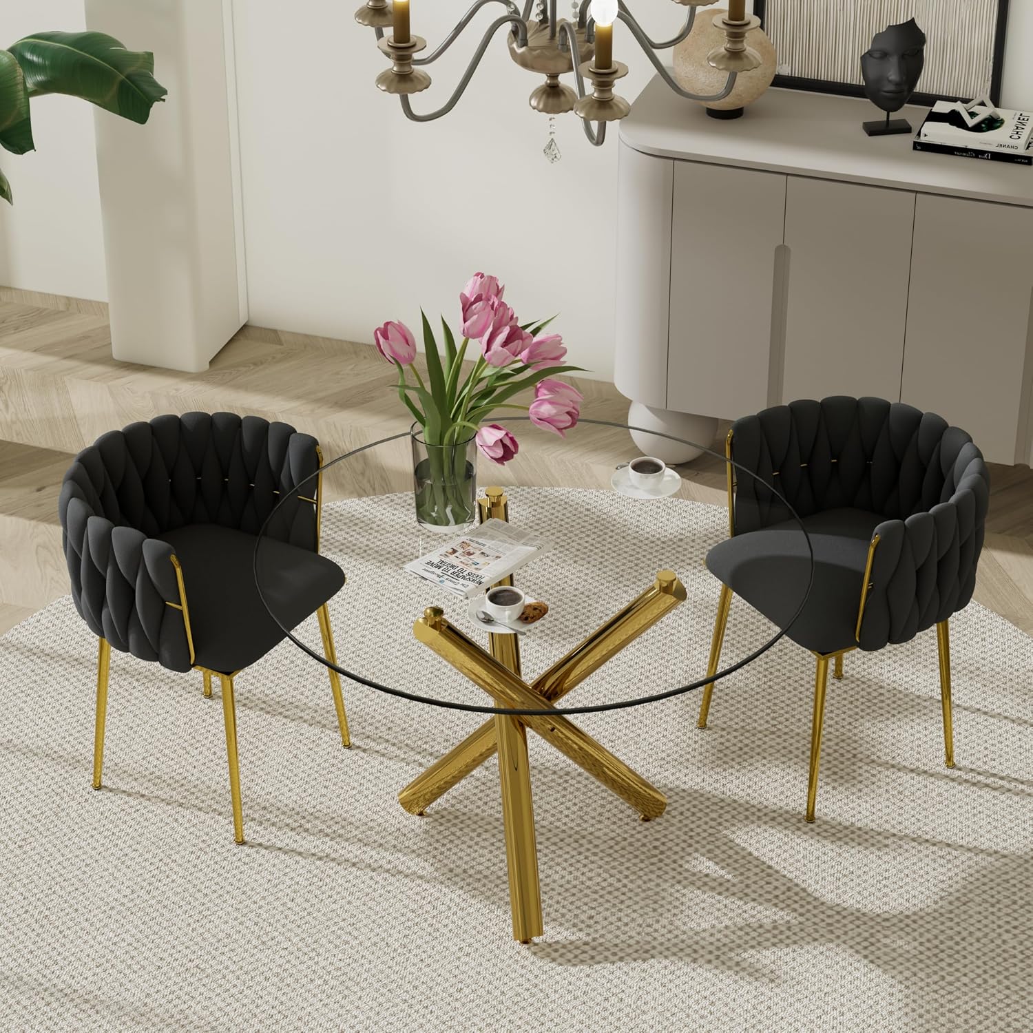 Modern Golden Round Dining Table Set, 36'' Clear Circle Glass Top Dinner Room Set, 3 PCS Luxury Circular Kitchen Table and Black Woven Chairs Set of 2, for Small Apartment Bedroom Leisure