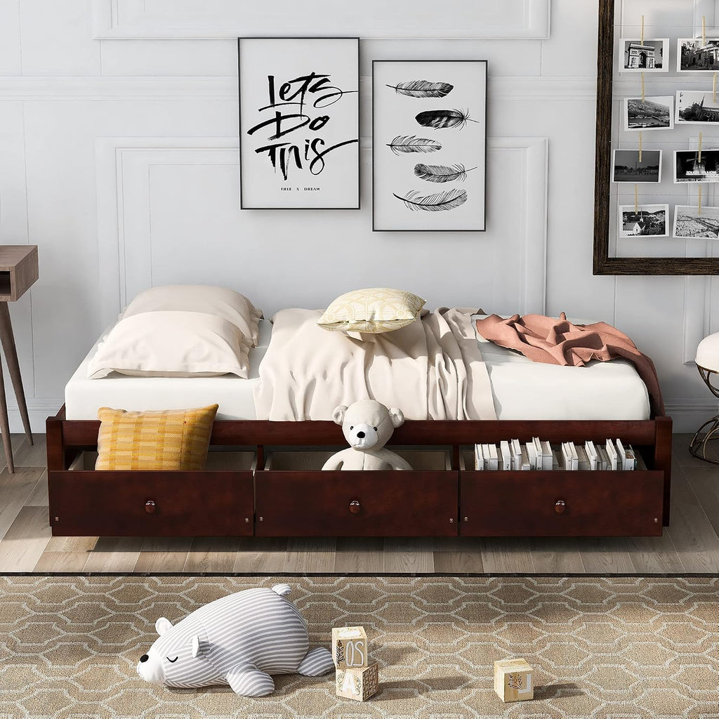 SOFTSEA Twin Size Platform Bed with Storage Drawers, Wood Bed Frame with Support Slats, Wood Daybed for Bedroom, Single Bed Frame for Kids Adults, No Box Spring Needed, Cherry