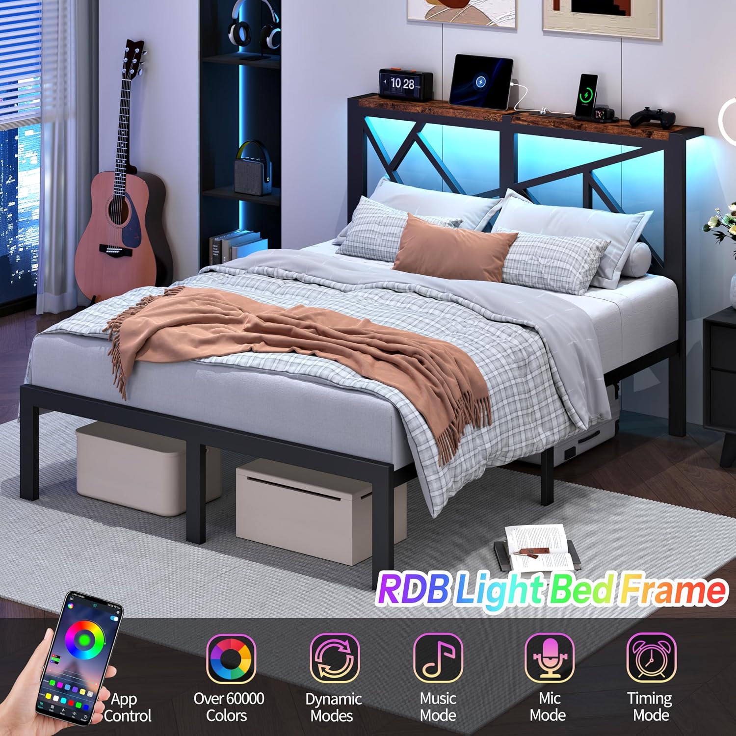 DynJest Full Size Metal Bed Frame with LED Lights, Storage Headboard with Charging Station, Modern Full Platform Bed with Heavy Duty Supports, No Box Spring Needed, Noise Free, Easy Assembly, Black