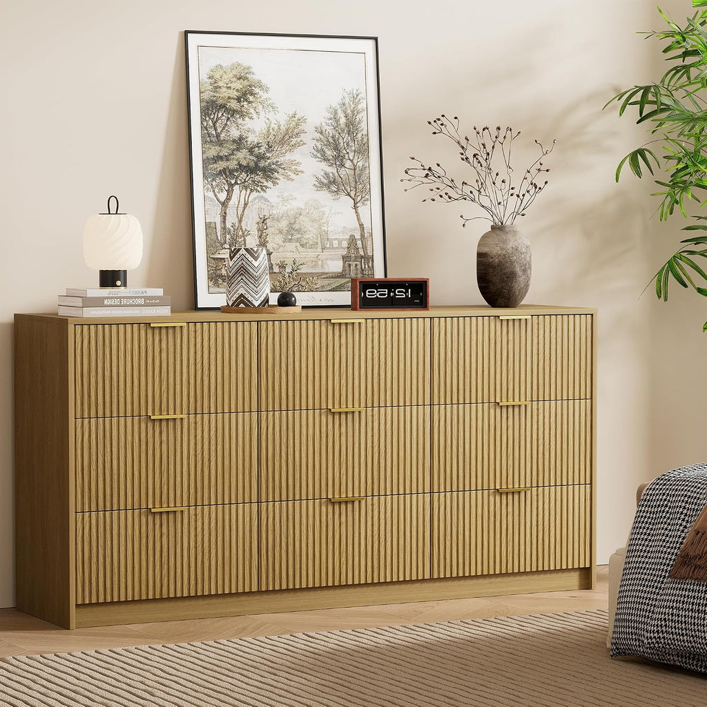 Furniway Mid Century Modern Dresser for Bedroom, 9 Drawer Wood Dresser with Fluted Front and Smooth Slides, 63' Wide Chest of Drawers, Natural Oak
