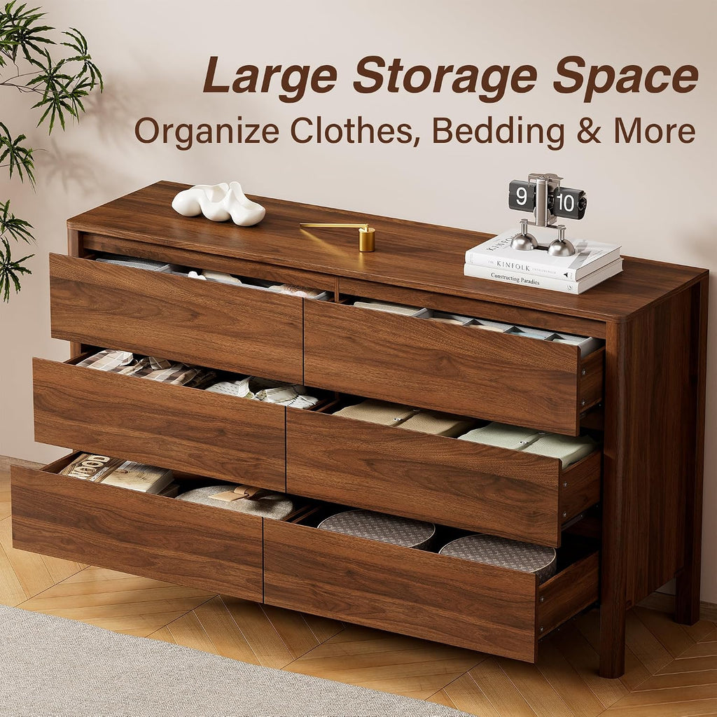 Furniway Walnut Mid-Century Modern 3 Piece Bedroom Furniture Set, 6 Drawer Dresser with Handleless Wood Grain Design and Nightstands Set of 2, Minimalist Storage Dresser for Bedroom