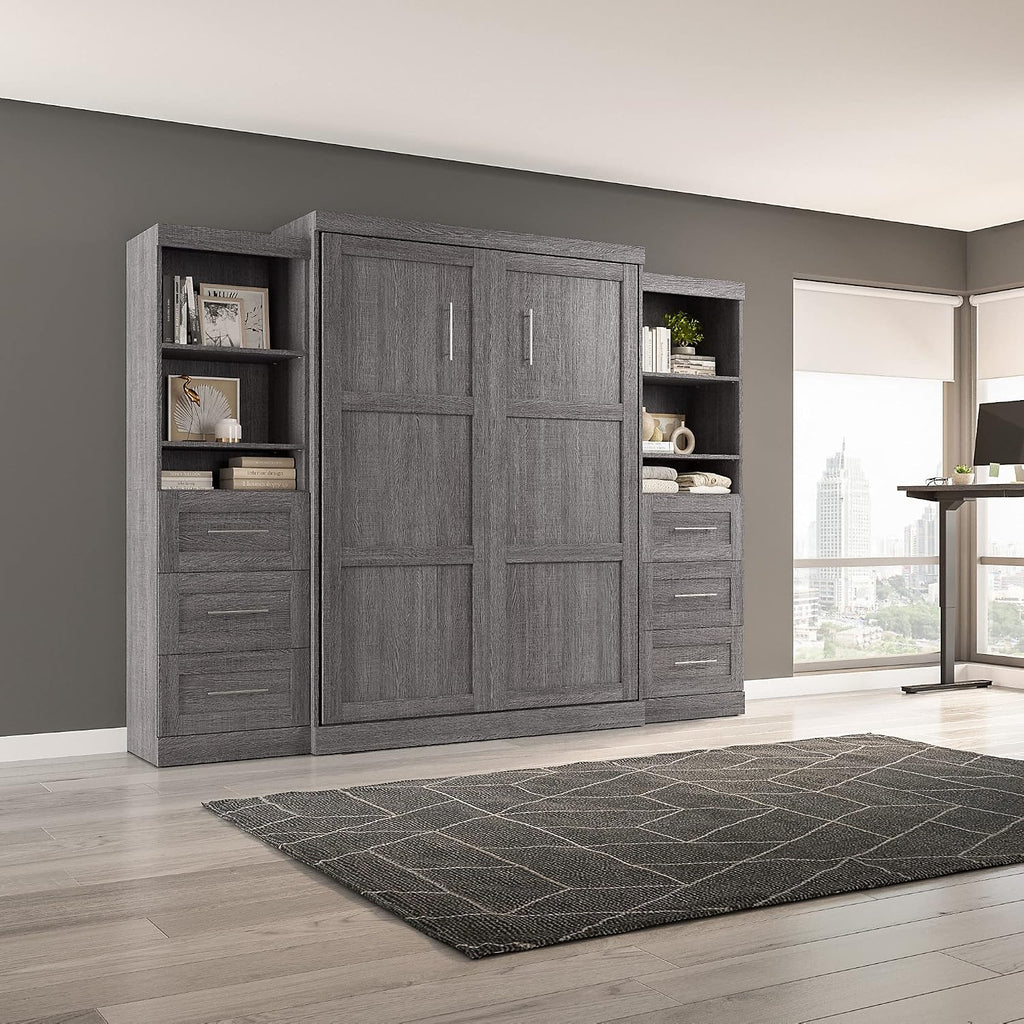 Bestar Pur Queen Murphy Bed and 2 Shelving Units with Drawers, 115-inch Space-Saving Sleeping Arrangement in Bark Grey