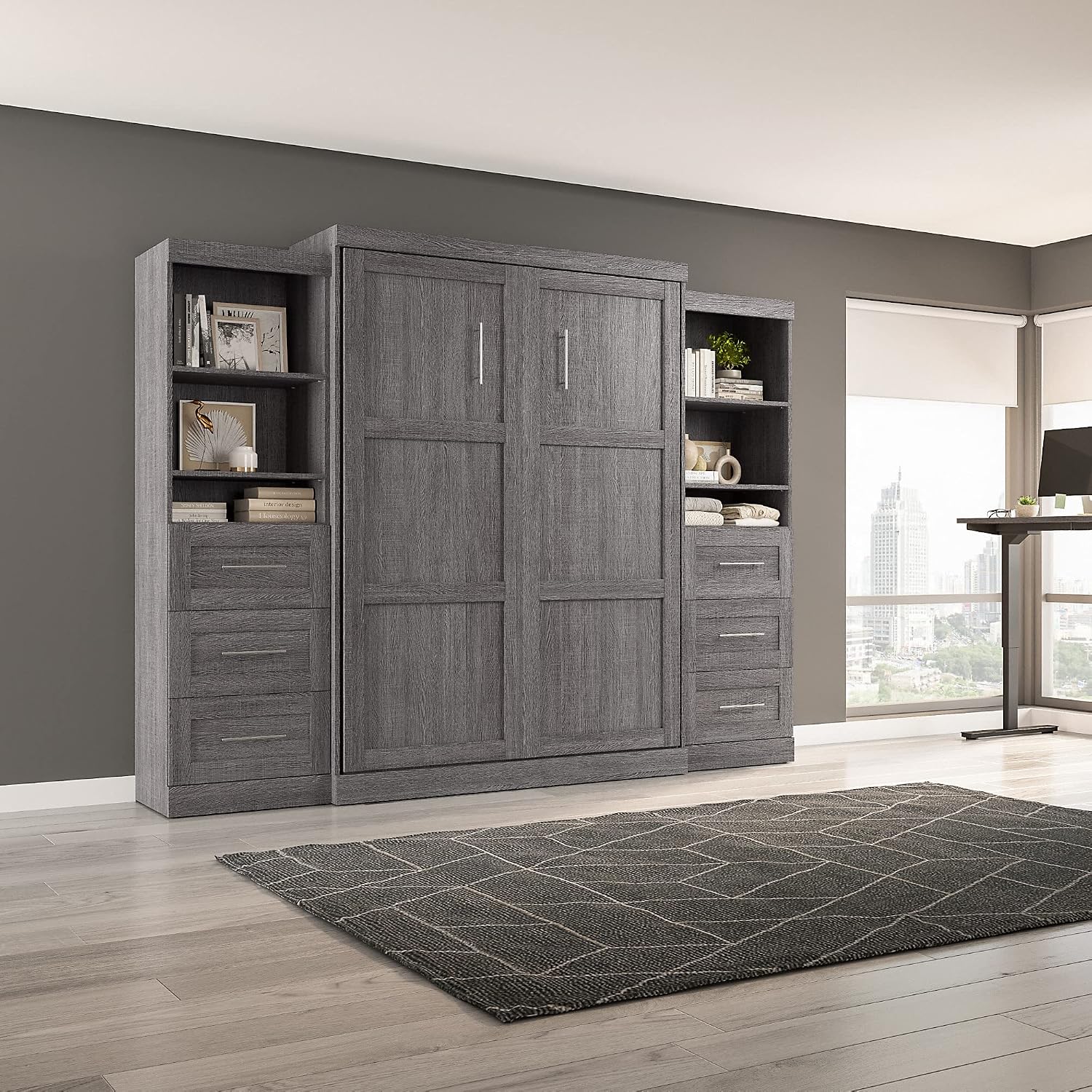 Bestar Pur Queen Murphy Bed and 2 Shelving Units with Drawers, 115-inch Space-Saving Sleeping Arrangement in Bark Grey