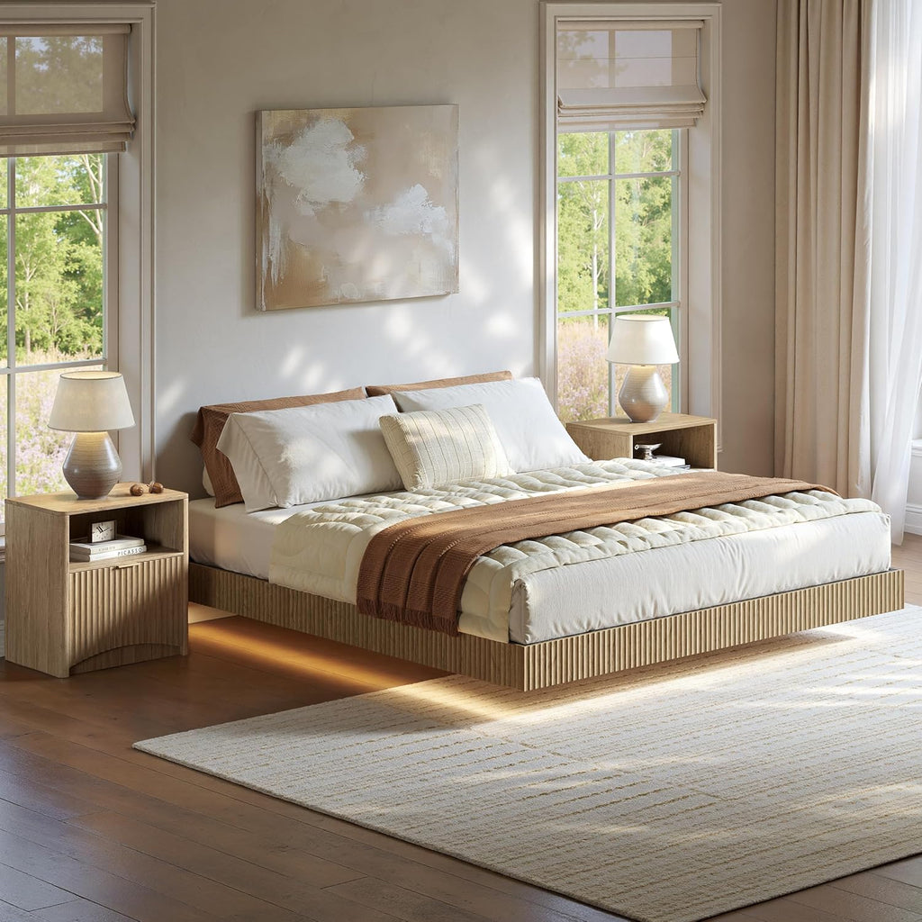 Evermagin Bedroom Furniture Set-Bed with 2 Nightstands, Mid Century Modern Bedroom Set, Floating Bed Frame Led Lights, Fluted Floating Room Furnitures, 3-Piece Room Set (Nbh, King)