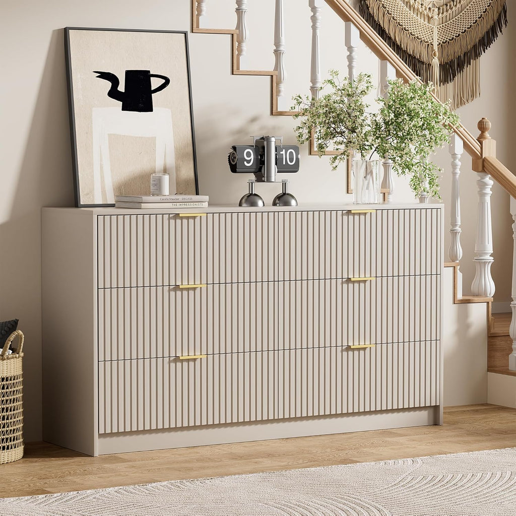 Furniway Beige Dresser Bedroom Set 3 Pieces, Nightstands Sets of 2, 6 Drawer Dresser with Gold Handles for Bedroom