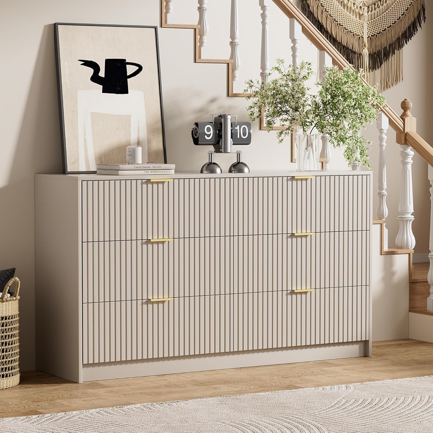 Furniway Beige Dresser Bedroom Set 3 Pieces, Nightstands Sets of 2, 6 Drawer Dresser with Gold Handles for Bedroom