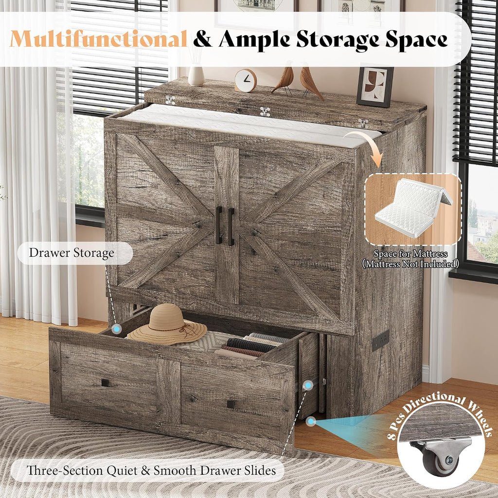 AMERLIFE Twin Murphy Bed Cabinet with Charging Station and Storage Drawer, Farmhouse Foldable Platform Bed for Home Office, Apartment, Small Spaces, Rustic Grey