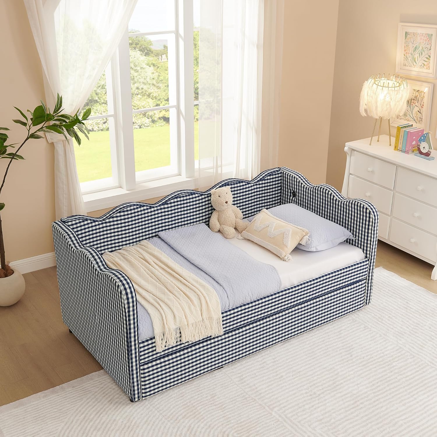 DEINPPA Twin Size Upholstered Daybed with Trundle, Gingham Daybed with USB Ports for Bedroom Living Room Guest Room-Navy