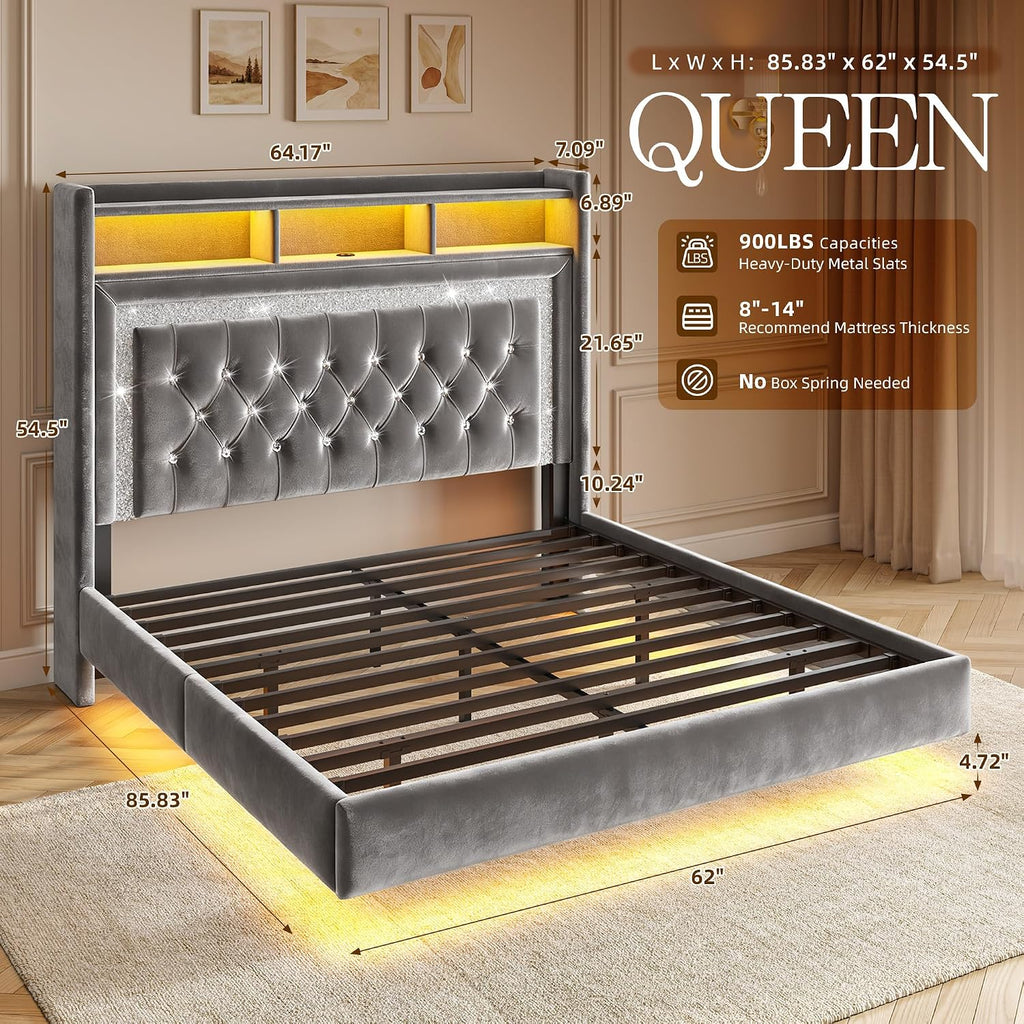 Homkdom Floating Bed Frame Queen with LED Lights & Charging Station, Upholstered Platform Bed with Velvet Storage Headboard, Heavy Duty Metal Slats,No Box Spring Needed,Noise Free,Easy Assembly, Grey
