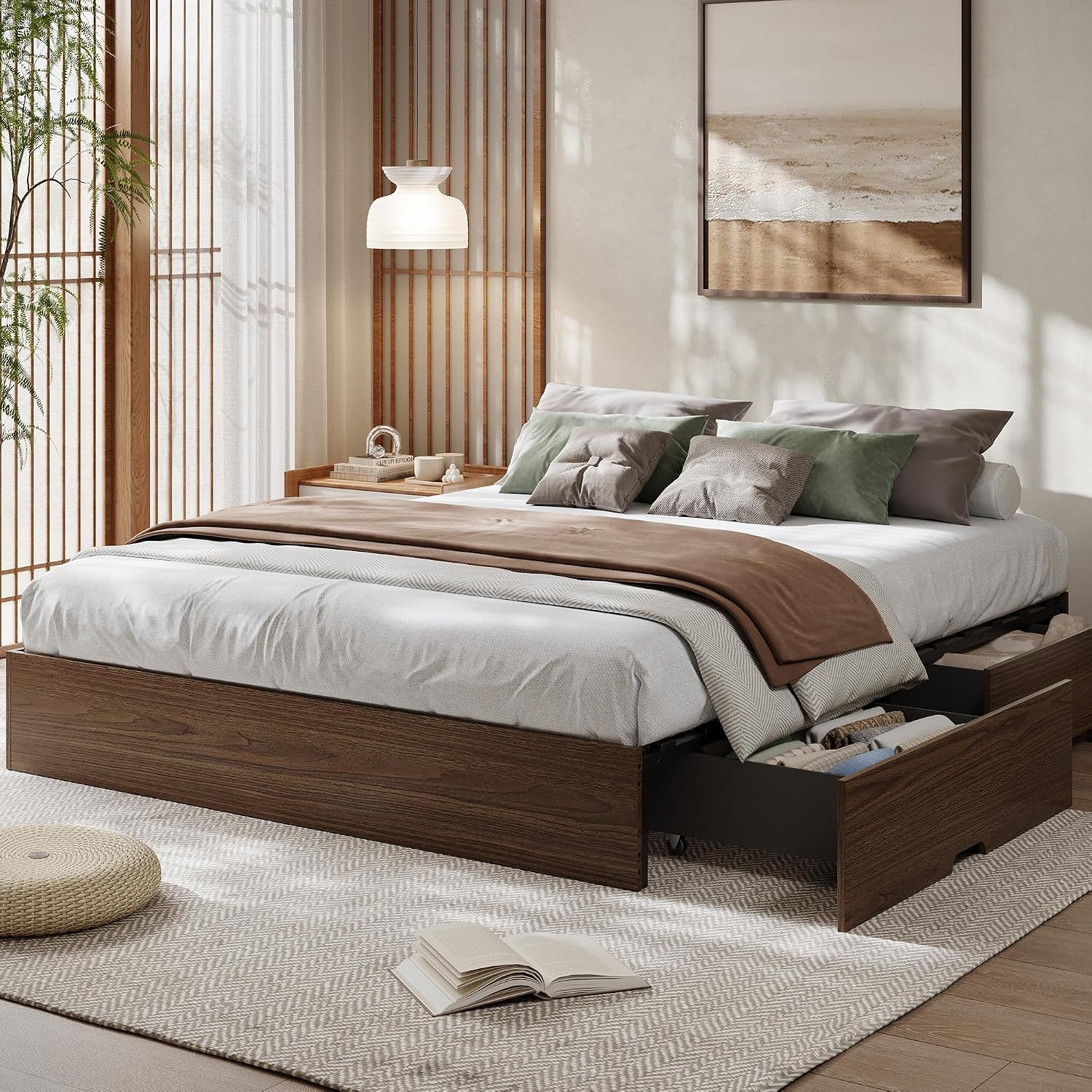 GarveeHome Full Size Wood Platform Bed Frame with 2 Storage Drawers, Wooden Bed Frame Without Headboard, Wood Slat Support, No Box Spring Needed, Easy Assembly