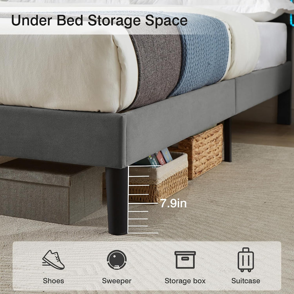 VECELO Upholstered Queen Bed Frame with Headboard Adjustable, Velvet Platform Bed with LED Lights, Charging Station, Mattress Foundation with Wooden Slats, Noise Free, No Box Spring Needed, Dark Grey