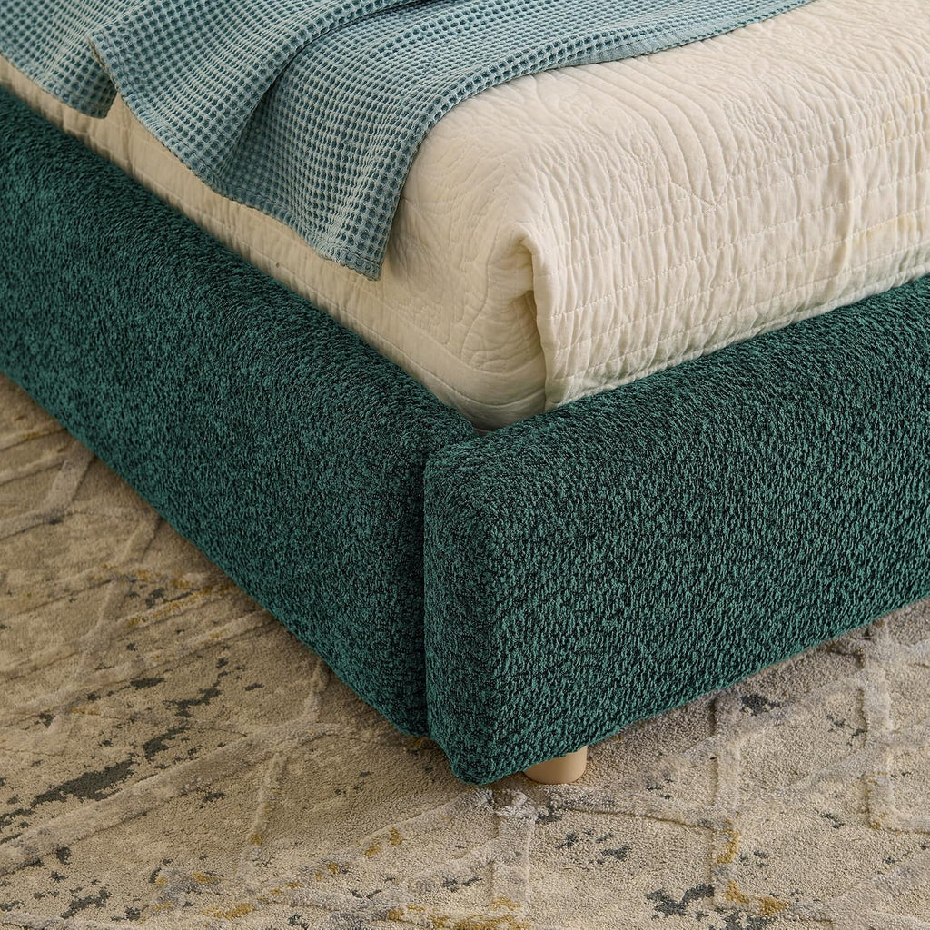 Queen Size Floor Bed Frame with 4 Wheeled Storage Drawer and Tall Curved Headboard, Modern Minimalist Style Upholstered Platform Bed Frame, Wooden Slats Support, Easy Assembly, Green