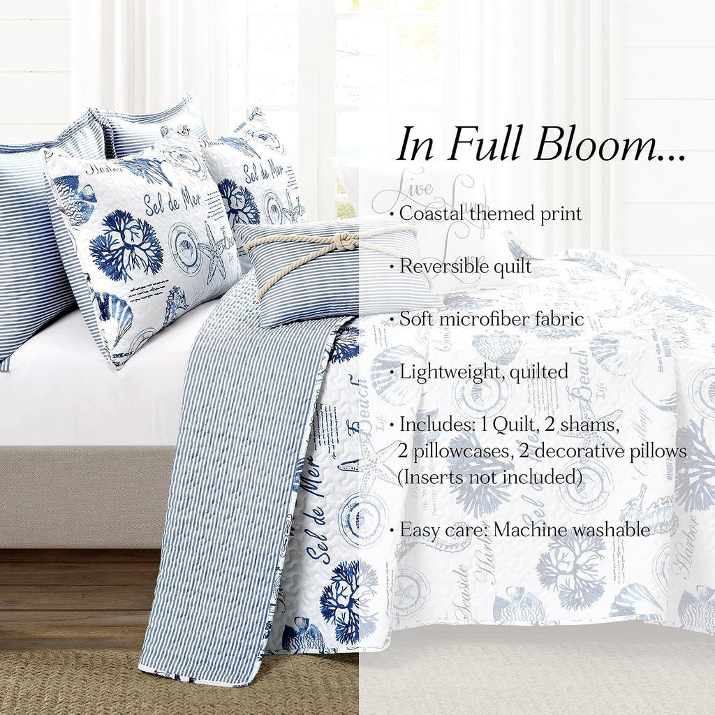 Lush Decor Harbor Life Reversible Quilt Set, 7 Piece Set, Full/ Queen, Indigo - Blue Quilt Queen Bedding Set - Coastal Decor - Nautical Bedding - Beach House