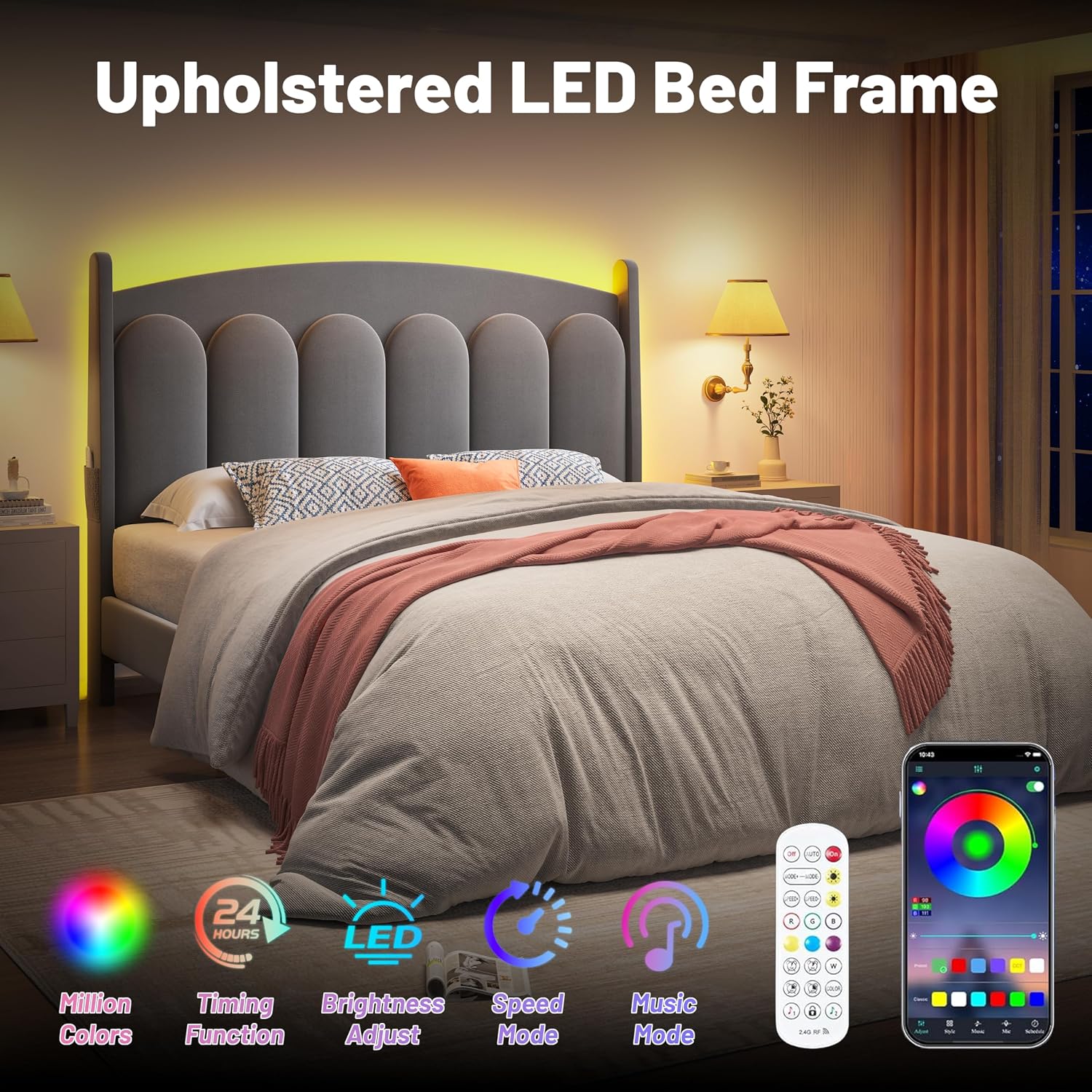 CypBed Full Size Bed Frame with Headboard LED Lights, Velvet Upholstered Full Size Bed, Adjustable Platform Full Bed, Sturdy Wooden Slats Support,No Box Spring Needed/Easy Assembly/Grey,Gifts