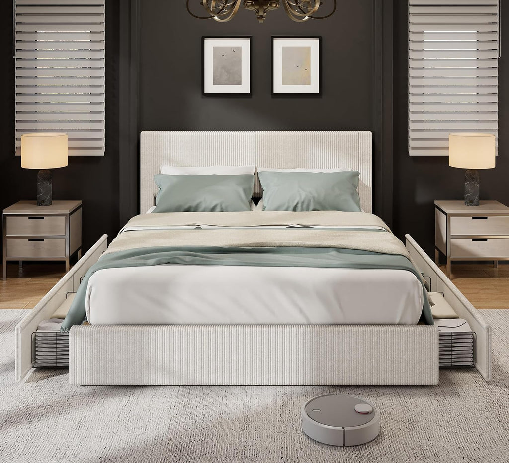 Full Size Bed Frame with 4 Storage Drawers, Platform Bed Frame Full with Upholstered Channel Tufted Wingback Headboard, Strong Wooden Slats Support, No Box Spring Needed, Beige