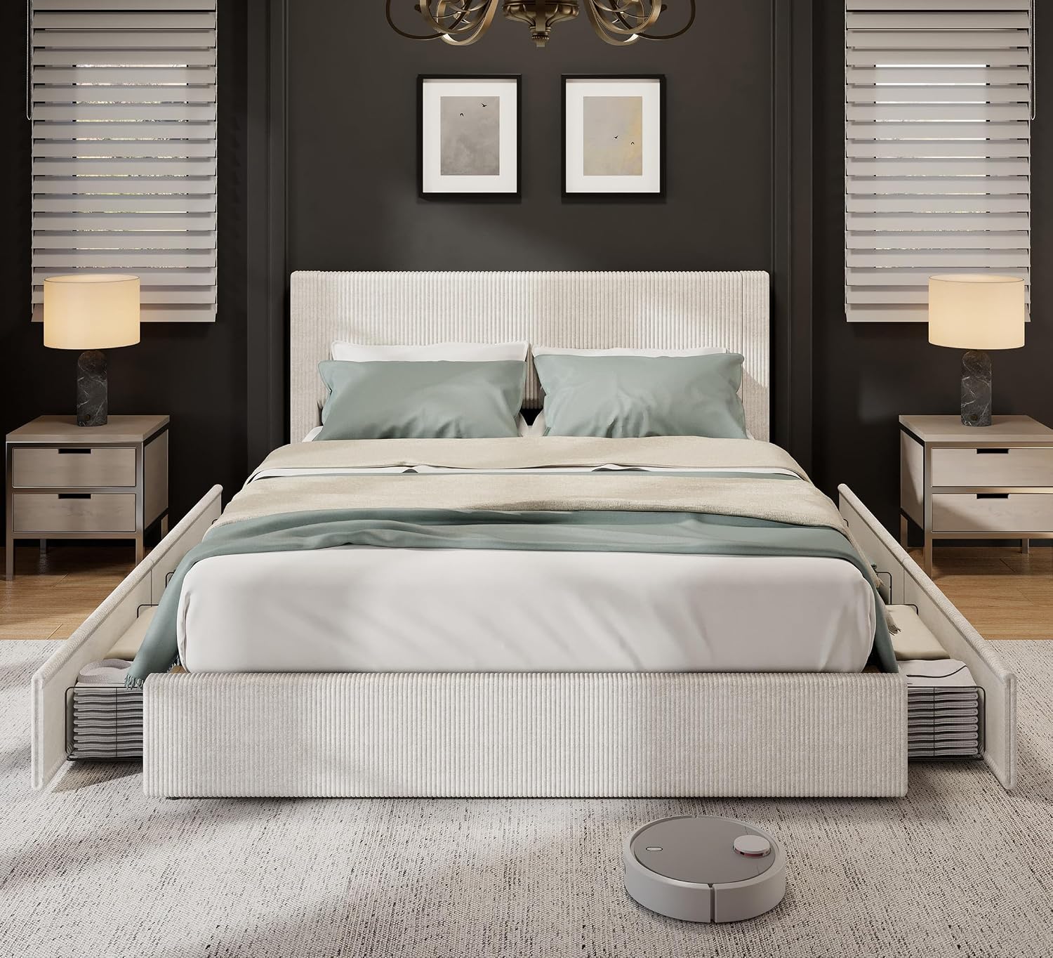 Full Size Bed Frame with 4 Storage Drawers, Platform Bed Frame Full with Upholstered Channel Tufted Wingback Headboard, Strong Wooden Slats Support, No Box Spring Needed, Beige