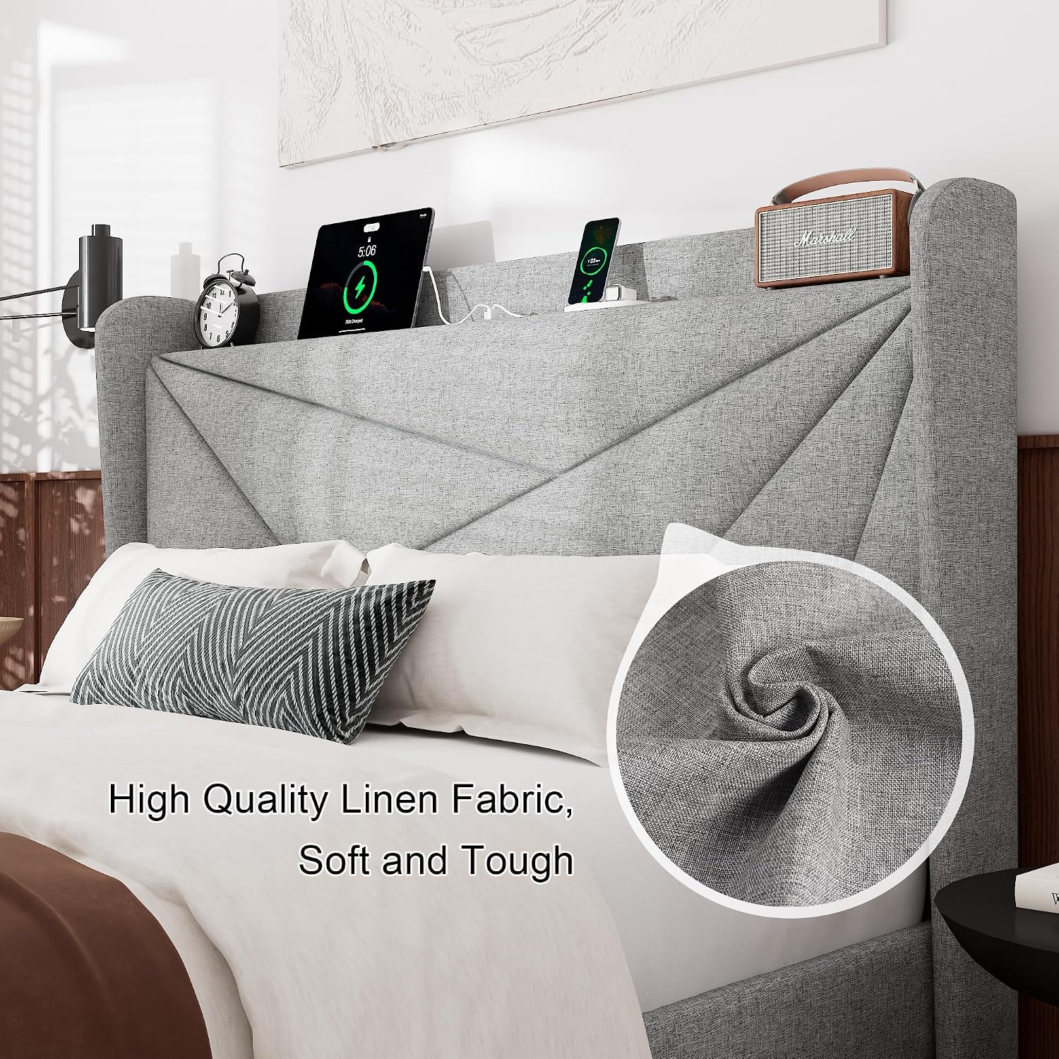 Feonase Queen Bed Frame with Charging Station, Linen Upholstered Platform Bedframe with Wingback Headboard, Solid Wood Slats Support, Noise Free, No Box Spring Needed, Light Grey
