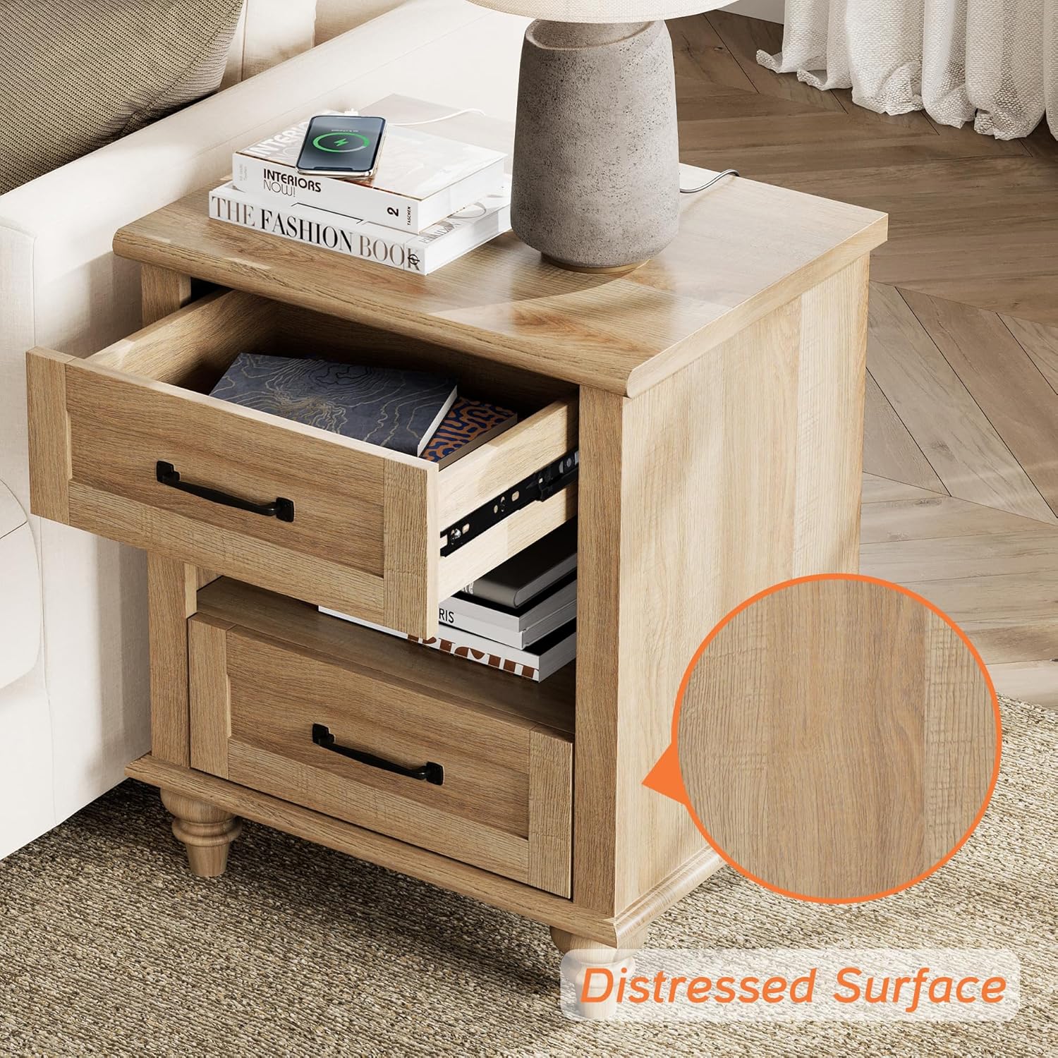 WAMPAT 3 Piece Bedroom Set - Includes Farmhouse 8 Drawer Dresser, Set of 2 Bedside Tables with Charging Station & Shelf, 3 Piece Dresser and Nightstand Sets, Oak