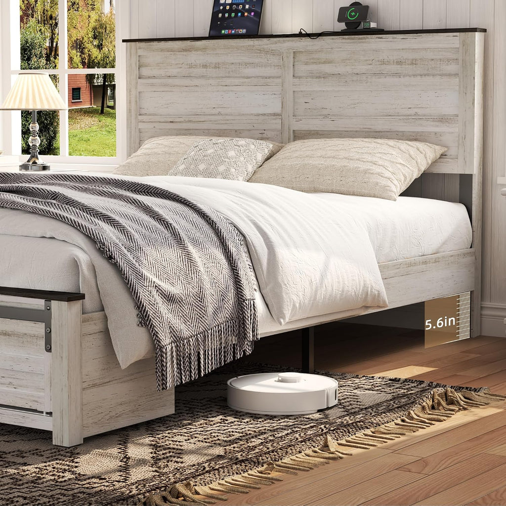 Wooden Bed Frame King Size with Headboard & Sliding Barn Door Storage Footboard, Farmhouse Platform Bedframe with Charging Station and LED Lights, No Box Spring Needed, Boho White