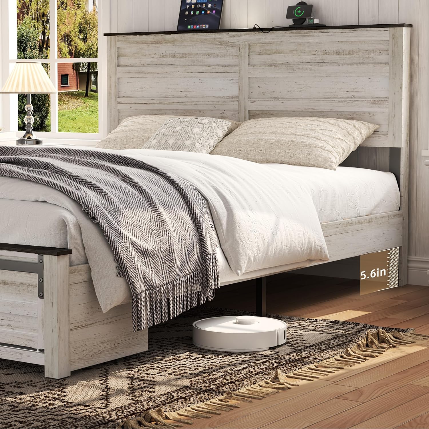 Wooden Bed Frame King Size with Headboard & Sliding Barn Door Storage Footboard, Farmhouse Platform Bedframe with Charging Station and LED Lights, No Box Spring Needed, Boho White