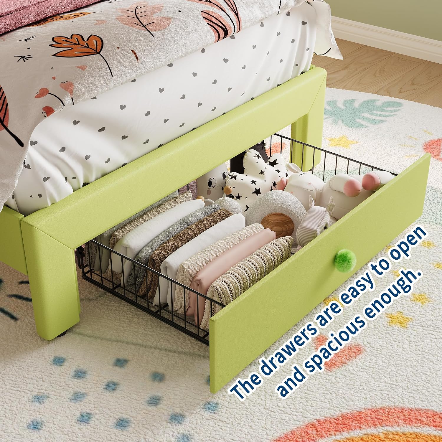 Garvee Twin Size Bed Frame with LED Lights & Velvet Crystal Button Headboard, Upholstered Boy Platform Bed with Storage Drawer, Noise Free, No Box Spring Needed for Kids, Teens, OrangeAvocado Green