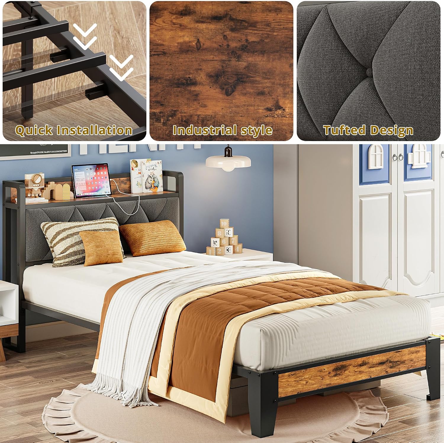 ANCTOR Twin XL Bed Frames, Storage Headboard with Outlets, Easy to Install, Sturdy and Stable, No Noise, No Box Springs Needed - Perfect for a Good Night's Sleep
