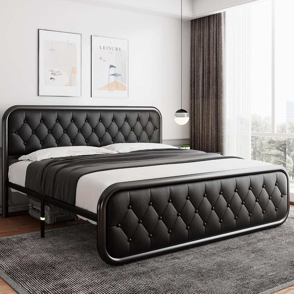 iPormis King Size Metal Bed Frame with Leather Headboard, Heavy-Duty Platform Bed Frame, Thicker Metal Steel Slats Support, 12'' Under-Bed Space, Noise-Free, Easy Assembly, Matte Black