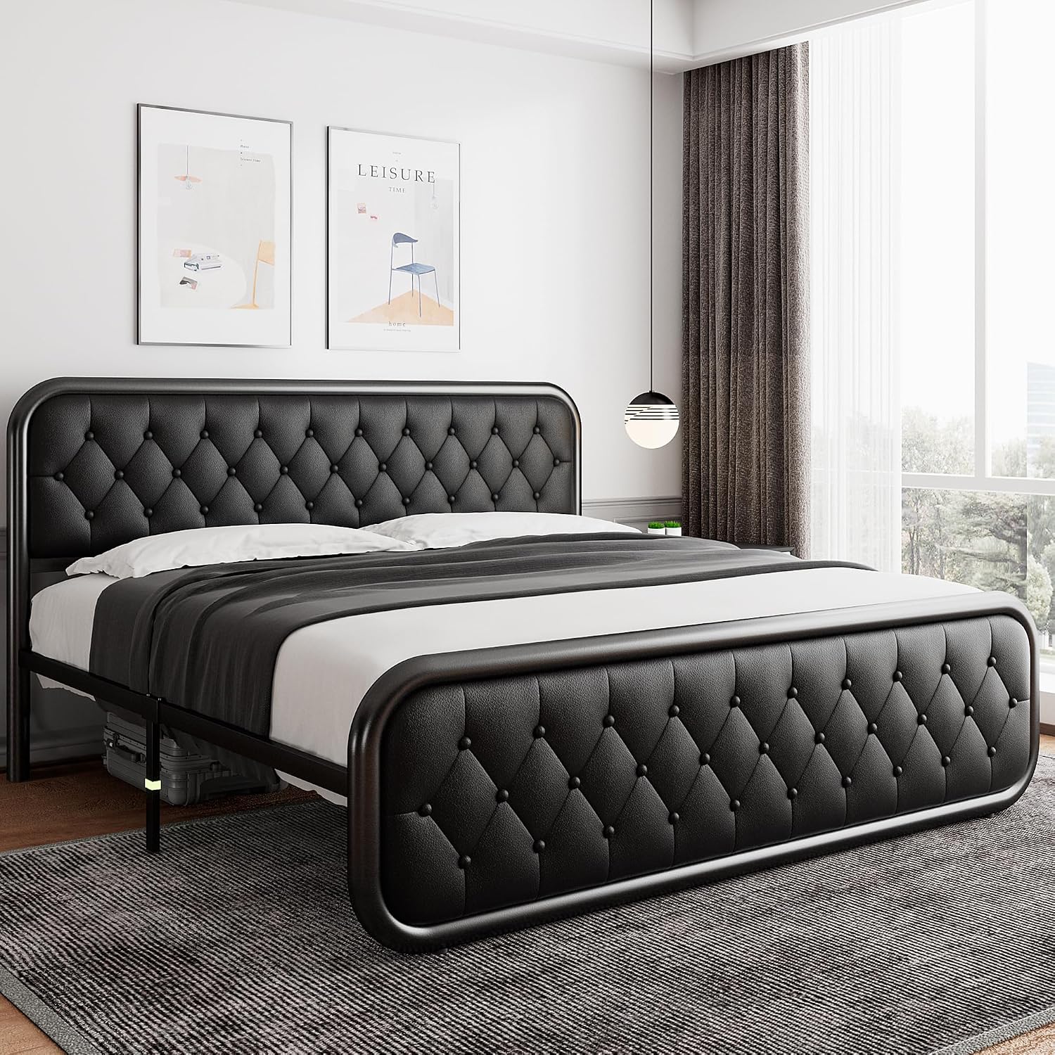 iPormis King Size Metal Bed Frame with Leather Headboard, Heavy-Duty Platform Bed Frame, Thicker Metal Steel Slats Support, 12'' Under-Bed Space, Noise-Free, Easy Assembly, Matte Black