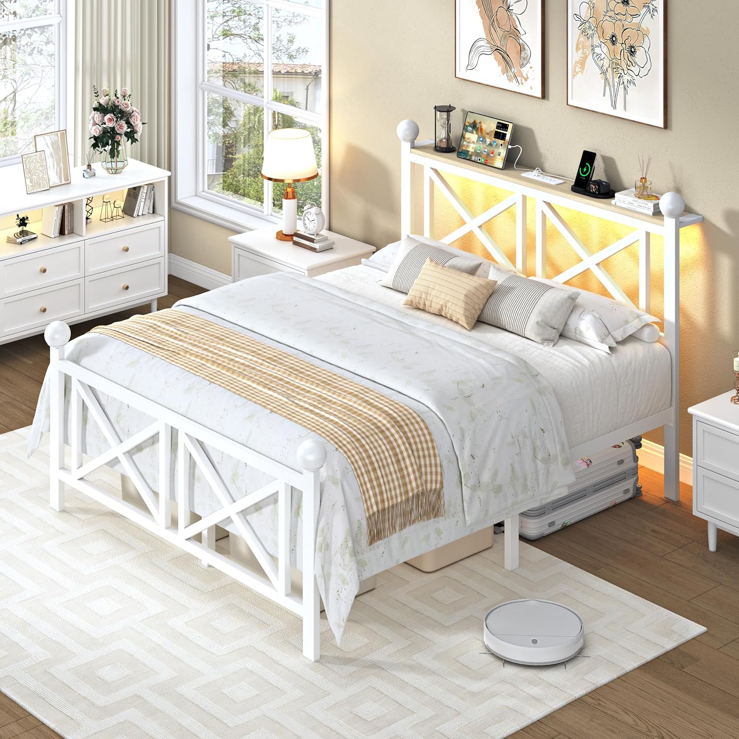 ChicZhiNest Full Size Bed Frame with Charging Station and LED Lights, Metal Platform Bed with Wood Headboard and Storage Shelf, Underbed Storage, No Box Spring Needed, White