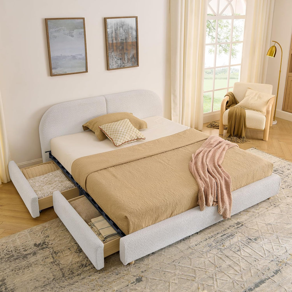 Queen Size Floor Bed Frame with 4 Wheeled Storage Drawer and Tall Curved Headboard, Modern Minimalist Style Upholstered Platform Bed Frame, Wooden Slats Support, Easy Assembly, Beige