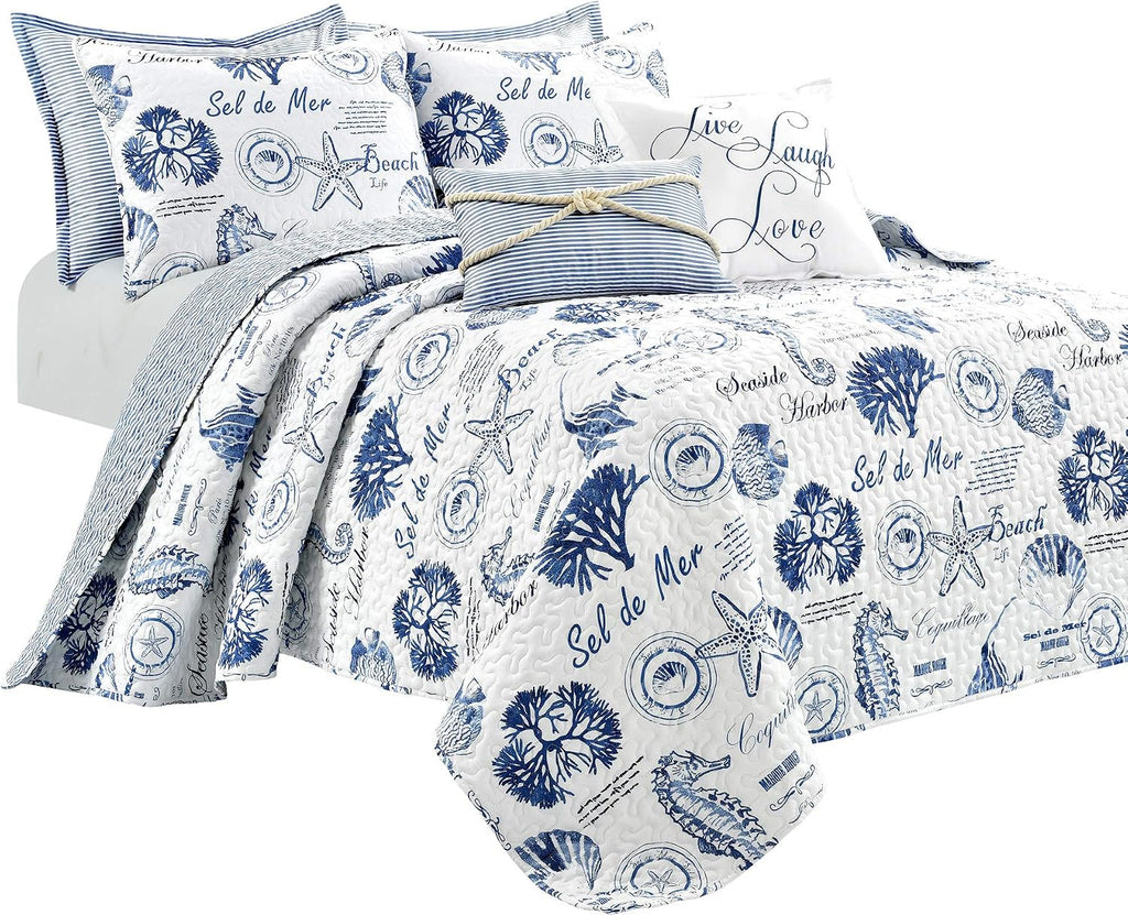 Lush Decor Harbor Life Reversible Quilt Set, 7 Piece Set, Full/ Queen, Indigo - Blue Quilt Queen Bedding Set - Coastal Decor - Nautical Bedding - Beach House
