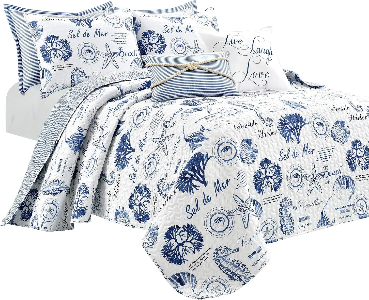Lush Decor Harbor Life Reversible Quilt Set, 7 Piece Set, Full/ Queen, Indigo - Blue Quilt Queen Bedding Set - Coastal Decor - Nautical Bedding - Beach House