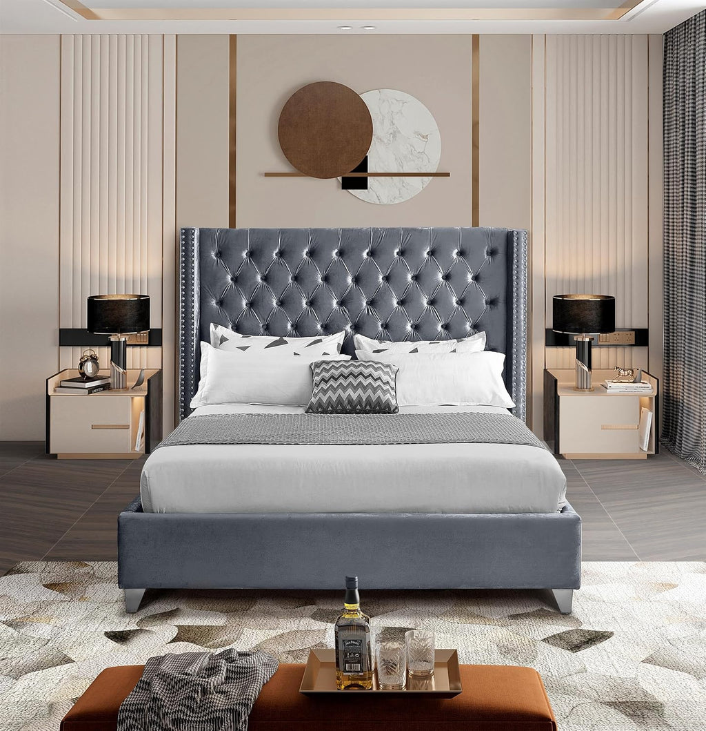 Meridian Furniture Aiden Collection Modern | Contemporary Velvet Upholstered Bed with Deep Button Tufting, Solid Wood Frame, and Custom Chrome Legs, Full, Grey