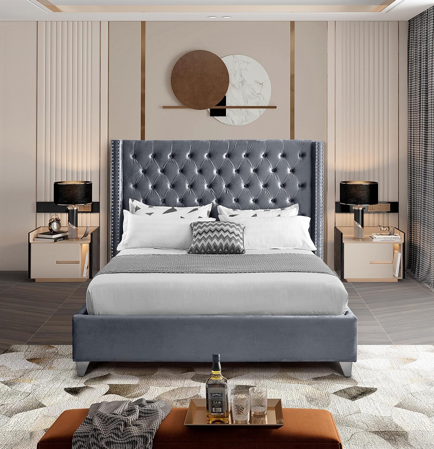 Meridian Furniture Aiden Collection Modern | Contemporary Velvet Upholstered Bed with Deep Button Tufting, Solid Wood Frame, and Custom Chrome Legs, Full, Grey