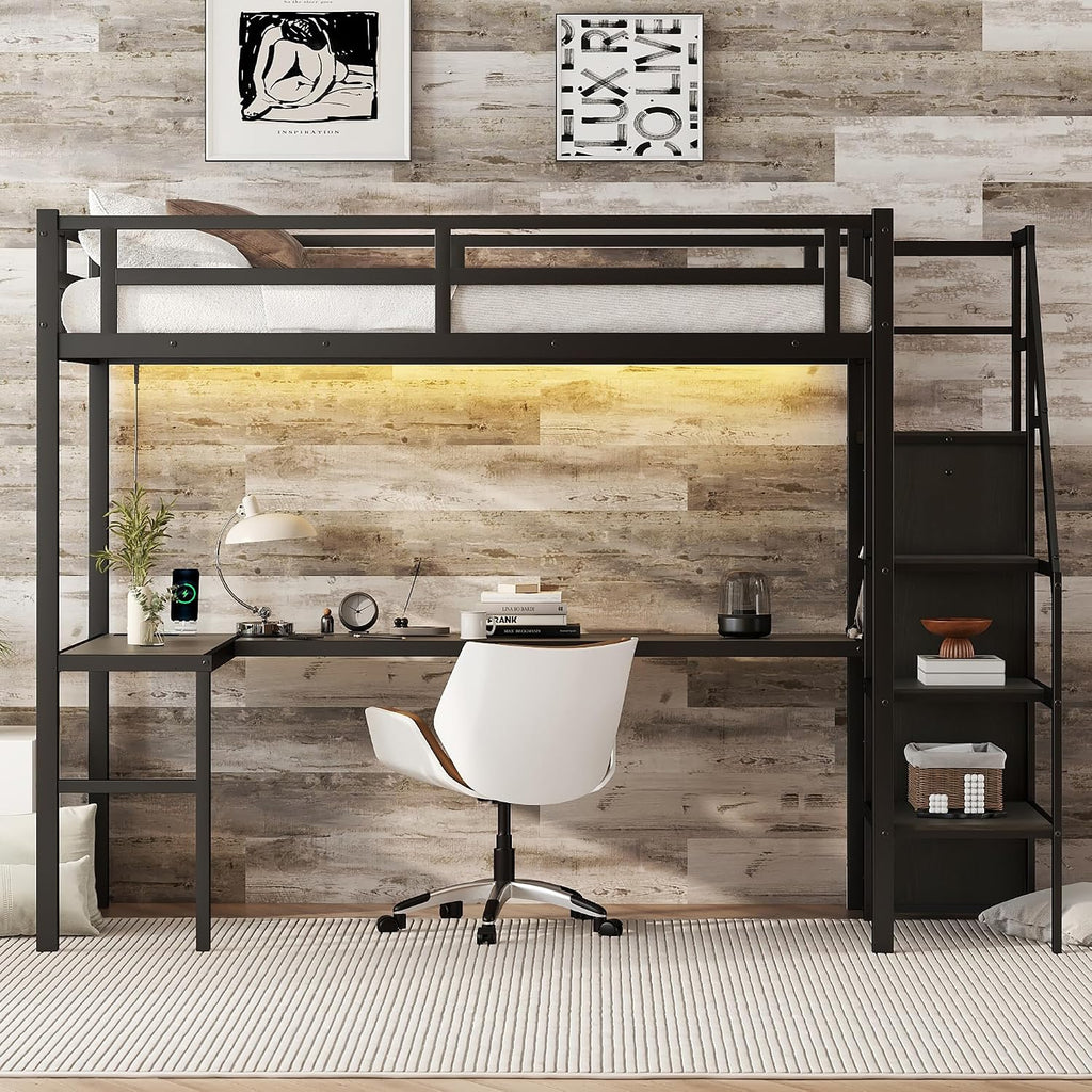 Ball & Cast Twin XL Size High Loft Bed with LED Light Strip & USB,Metal Bedframe W/L-Shape Desk & Built-in Storage Staircase,Wardrobe & Adjustable Shelf,Bedroom Furniture Set for Kid Teen Adult,Black