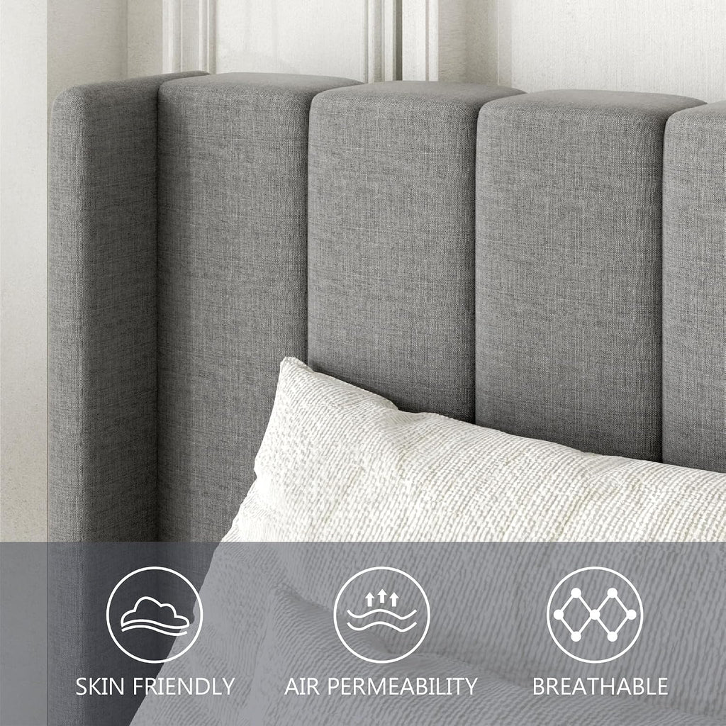 Gruwans Full Size Bed Frame with Upholstered Wingback Headboard, Easy Assemnly Platform Bed, Wooden Slat Support No Box Spring Needed, Light Gray