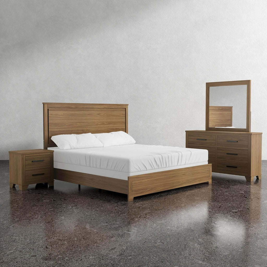 Furniture of America Nomal Modern Solid Wood 4-Piece Bedroom Set with Recessed Panel Headboard Bed, Metal Center Glide on Nightstand and Dresser with Mirror, Box Spring Needed, Queen, Chestnut Brown
