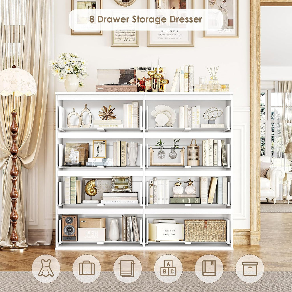 FINETONES 8 Drawer Dresser for Bedroom, White Dresser Double Chest of Drawers, Modern Wood Dressers with Deep Drawers for Living Room,White