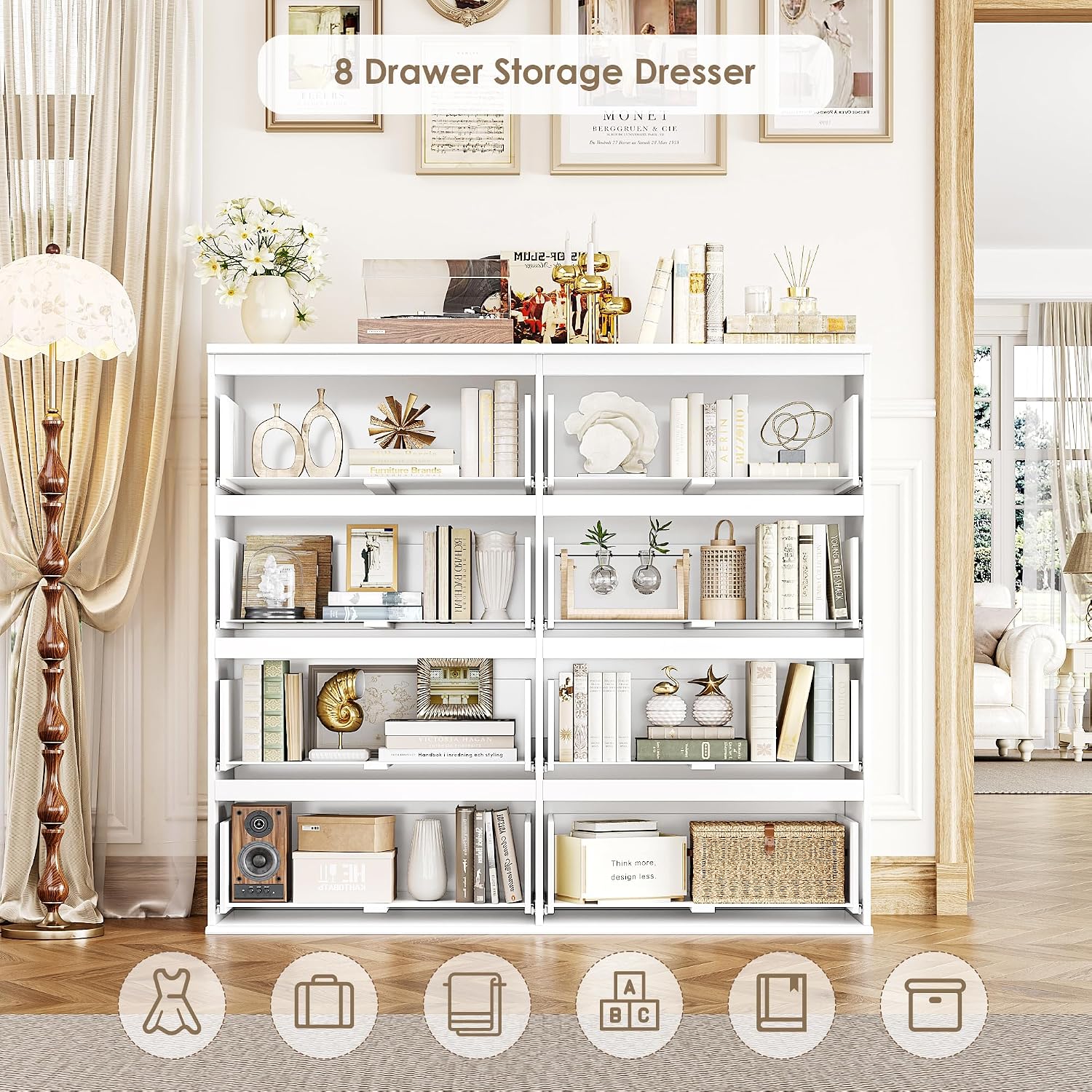 FINETONES 8 Drawer Dresser for Bedroom, White Dresser Double Chest of Drawers, Modern Wood Dressers with Deep Drawers for Living Room,White