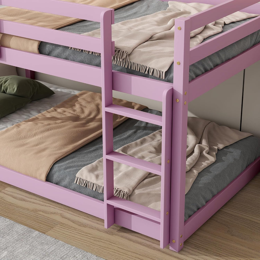 Ball & Cast Bunk Bed Twin Over Twin,Floor Bunk Bed with Ladder,Solid Rubber Wooden Bed Frame w/Full Length Guardrail,for Dormitory, No Box Spring Needed,for Kids Teens,Pink