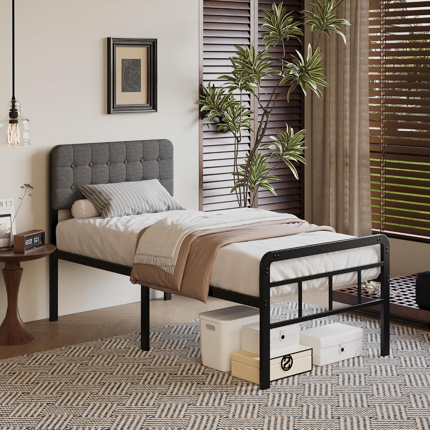 18 Inch Twin XL Bed Frame with Upholstered Headboard and Footboard, Heavy Duty Metal Slats, with Under Bed Storage, No Noise, No Box Spring Needed, Easy Assembly, Black