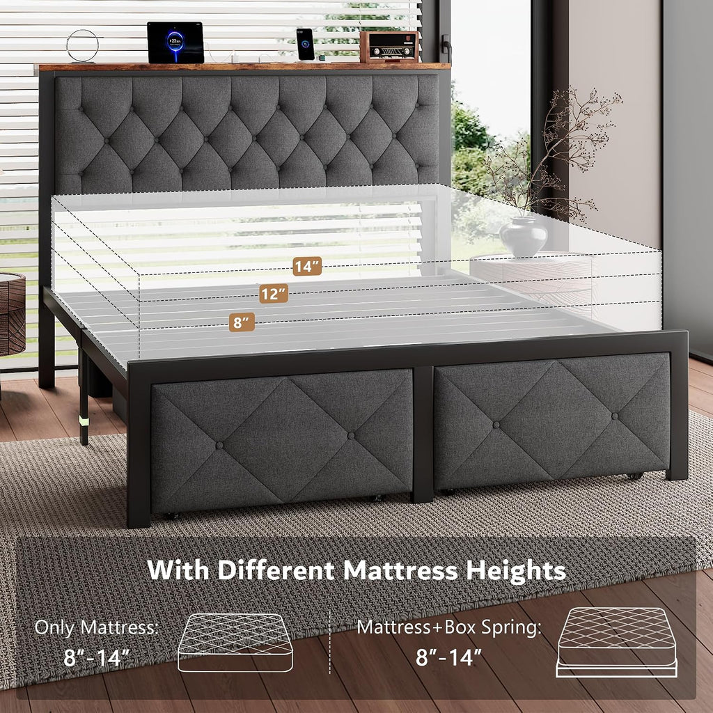 iPormis Full Bed Frame with 2 Storage Drawers, Linen Upholstered Headboard Platform Bed with Charging Station, No Box Spring Needed, Metal Slats Support, Noise-Free, Easy Assembly, Grey