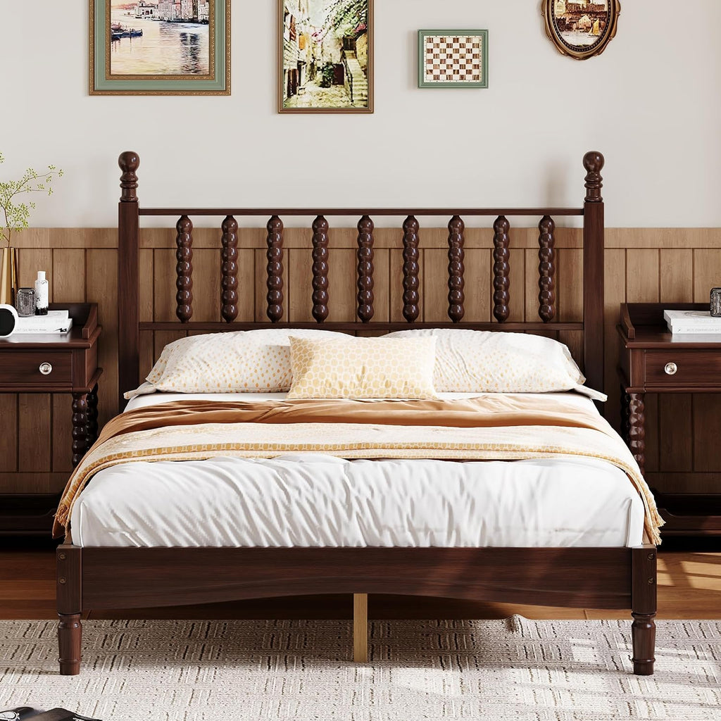 Walnut Wood Bed Frame Full Size with Spindle Headboard, Full Platform Bed with Wooden Slat Support, Retro Style Spindle Beds for Boys Girls Kids Adults Toddler, Easy Assembly