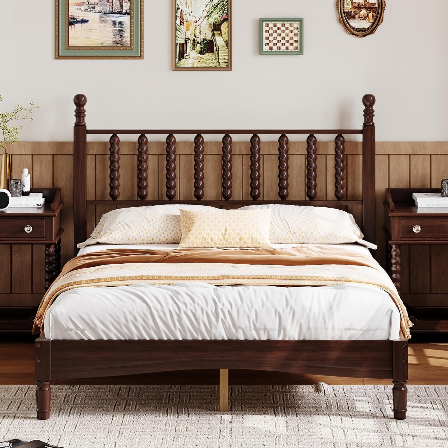 Walnut Wood Bed Frame Full Size with Spindle Headboard, Full Platform Bed with Wooden Slat Support, Retro Style Spindle Beds for Boys Girls Kids Adults Toddler, Easy Assembly