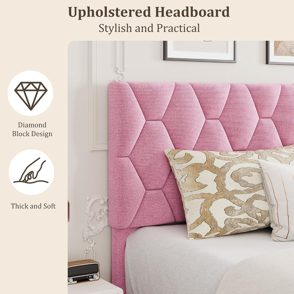 GarveeHome Pink Queen Bed Frame with Upholstered Headboard, Heavy-Duty Platform Bed Frame with Strong Wood Slats, No Box Spring Needed/Noise Free/Easy Assembly