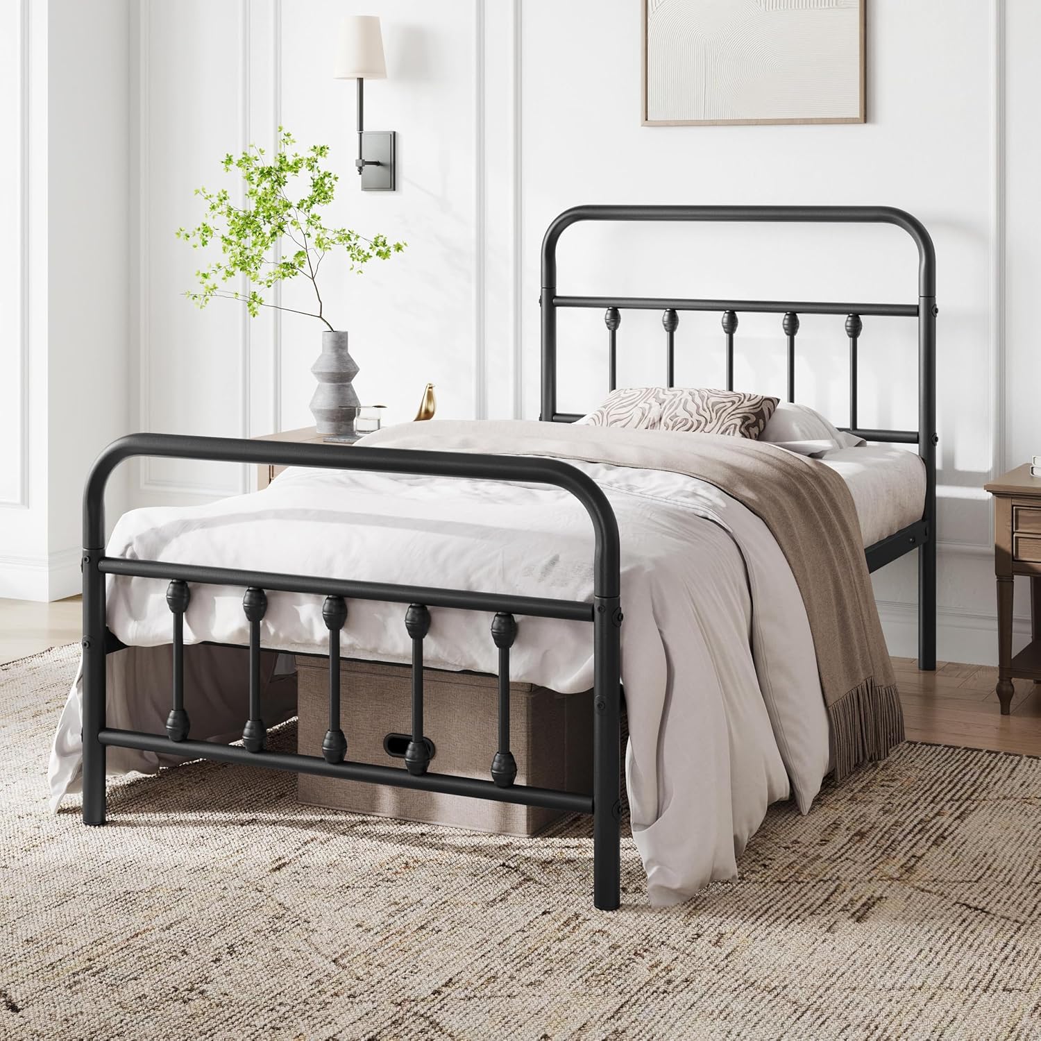 Yaheetech 2 Pcs Twin XL Bed Frame Metal Platform Bed with Victorian Style Iron-Art Headboard/Footboard/Under Bed Storage/No Box Spring Needed Black