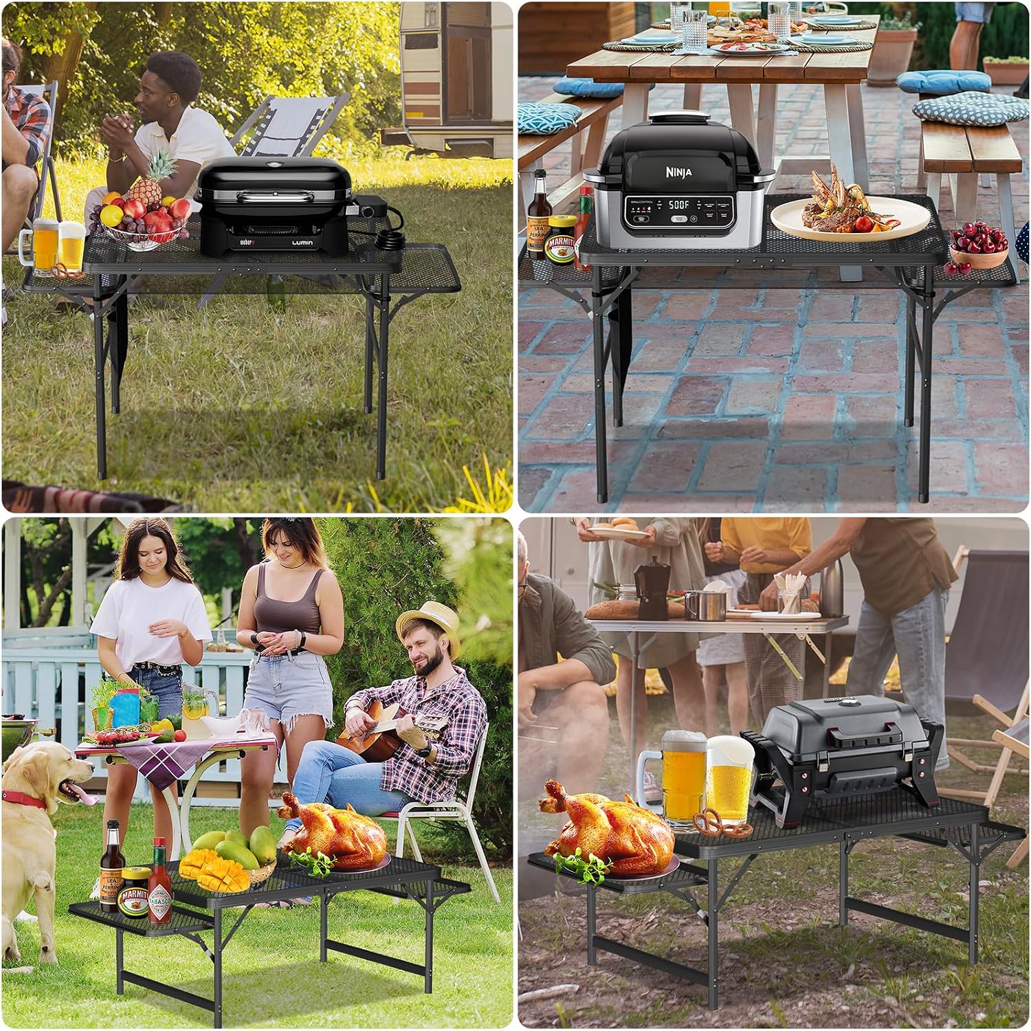 Portable Folding Picnic Table with Carry Handle, Outdoor Grill Camping Table with Mesh Bag, Side Tables, with Metal Grid Desktop Adjustable Height Folding Table, for Ninja Blackstone Flat Top Griddle