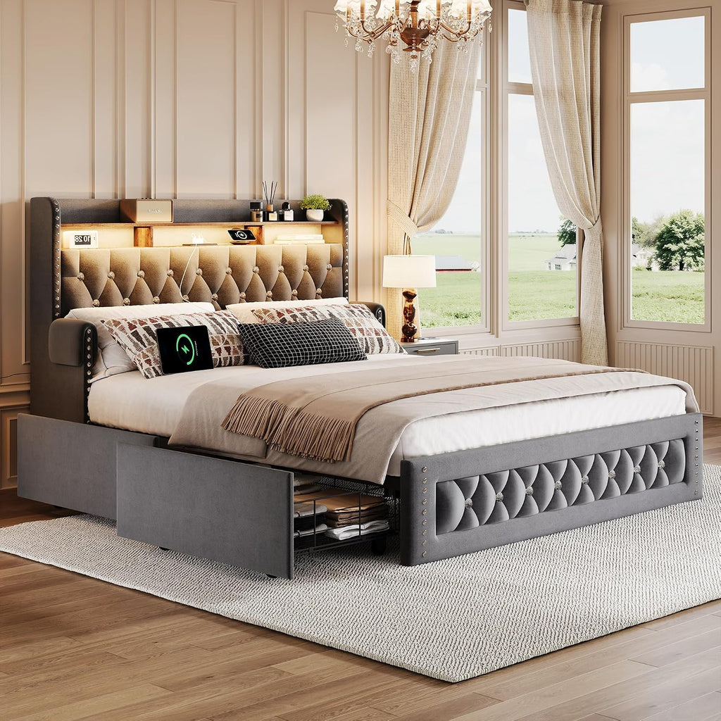 Ailisite Full Size Bed Frame with 4 Storage Drawers and RGB Led Lights,Velvet Upholstered Full Platform Bed with Charging Station and Bookcase Storage Headboard, with Crystal and Rivet Deco, Grey